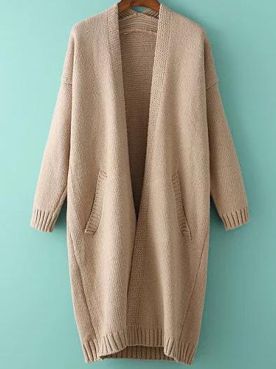 Romwe Apricot Long Sleeve Pockets Knit Loose Cardigan