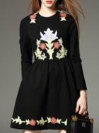 Romwe Black Hibiscus Embroidered Pockets A-line Dress