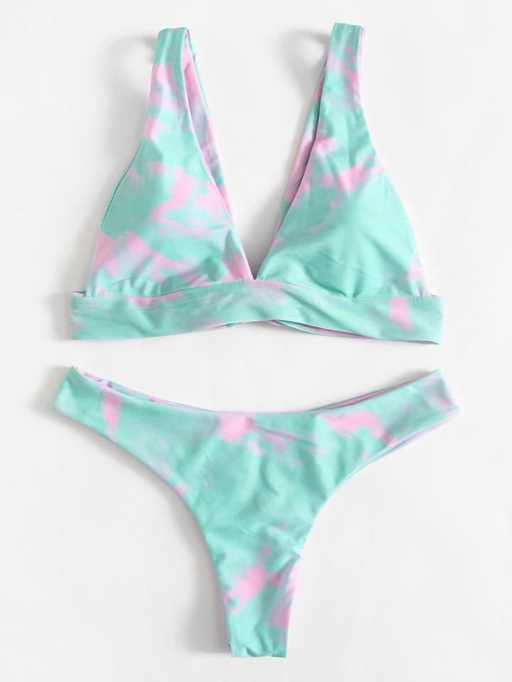 Romwe Watercolor Knot Bikini Set