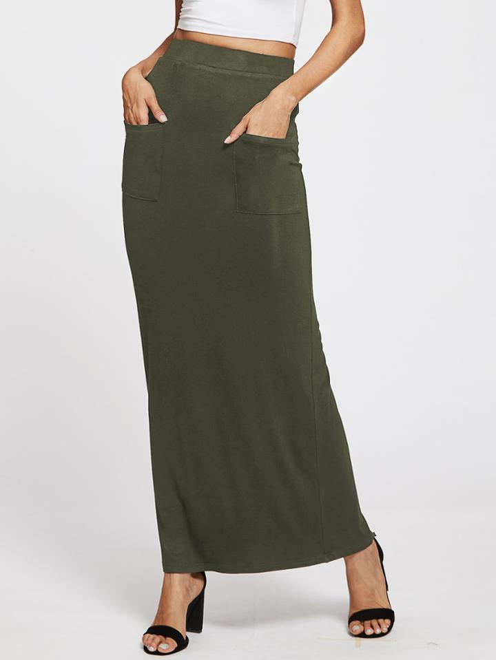 Romwe Pockets Front Column Skirt