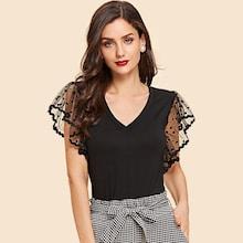 Romwe Dot Mesh Sleeve V Neck Tee