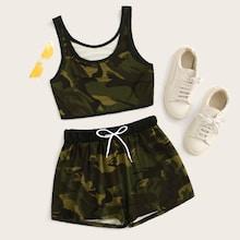Romwe Camo Print Top With Drawstring Waist Shorts