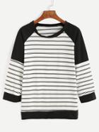 Romwe Black White Striped Raglan Sleeve Sweatshirt