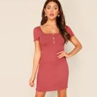 Romwe Buttoned Front Lettuce Edge Ribbed Dress