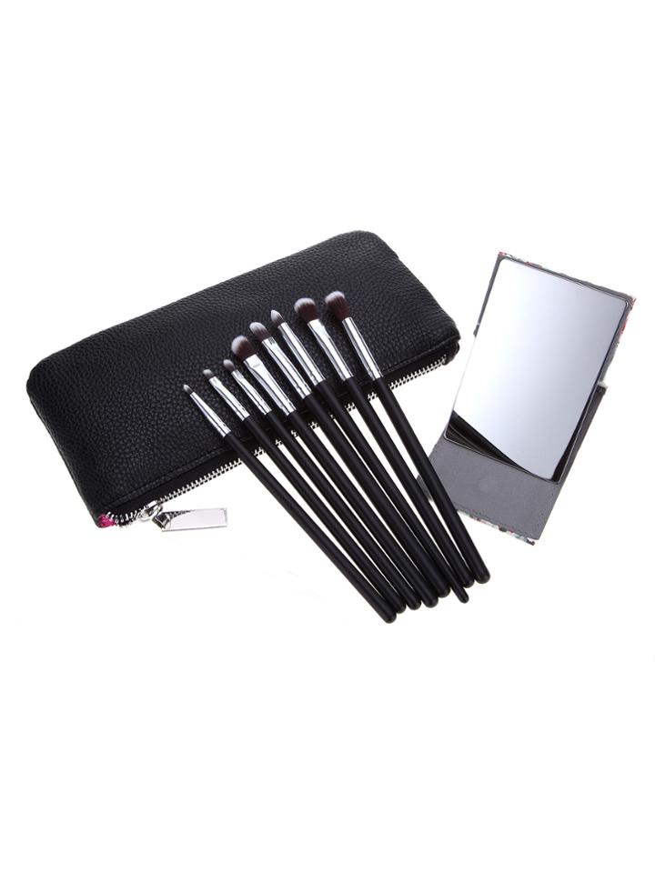 Romwe 8pcs Eye Brush Pu Bag Set With Mirror