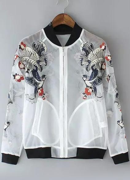 Romwe Stand Collar Embroidered Organza Coat