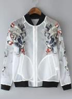 Romwe Stand Collar Embroidered Organza Coat