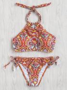 Romwe Paisley Print Side Tie Halter Bikini Set