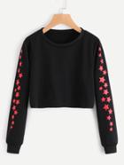 Romwe Star Print Sleeve Raw Hem Crop Sweatshirt
