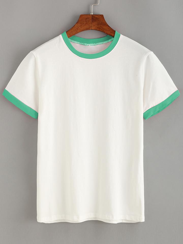 Romwe Contrast Trim Plain T-shirt - Green