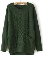 Romwe Diamond Patterned Pockets High Low Dark Green Sweater