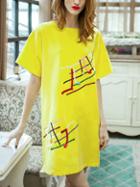 Romwe Yellow Sheet Music Embroidered Tunic Dress