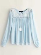 Romwe Blue Embroidery Tassel Tie Hollow Out Blouse