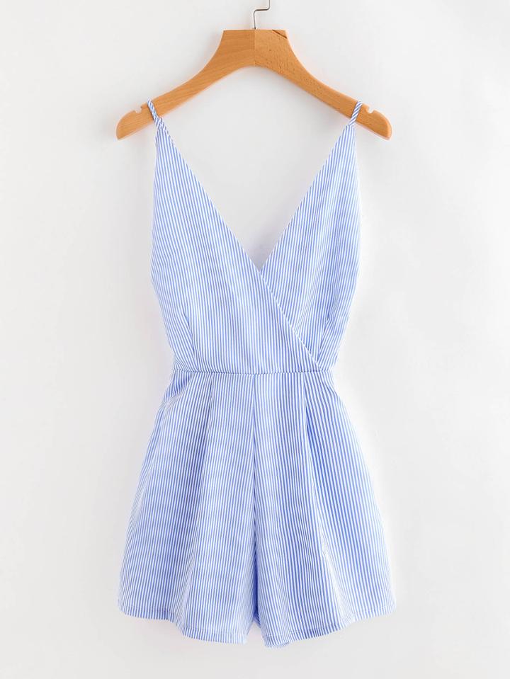 Romwe Striped Surplice Criss Cross Open Back Romper