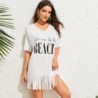 Romwe Slogan Print Cold Shoulder Fringe Hem Cover Up