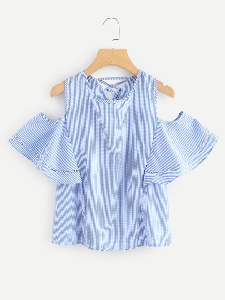 Romwe Open Shoulder Lace Up Back Checked Top