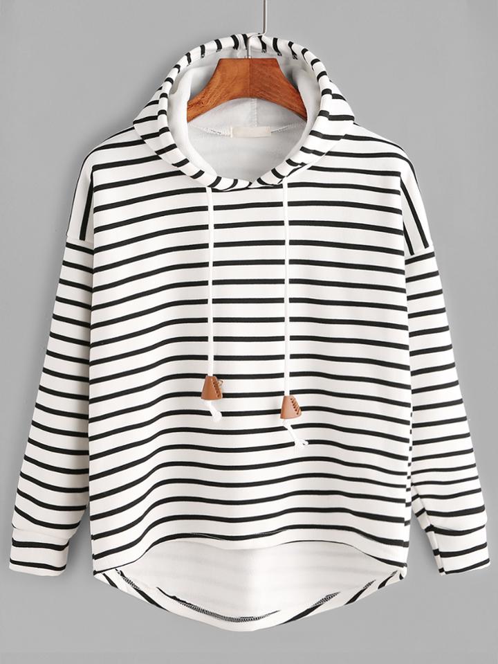 Romwe White Striped Drop Shoulder High Low Hooded Sweatshirt