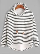 Romwe White Striped Drop Shoulder High Low Hooded Sweatshirt
