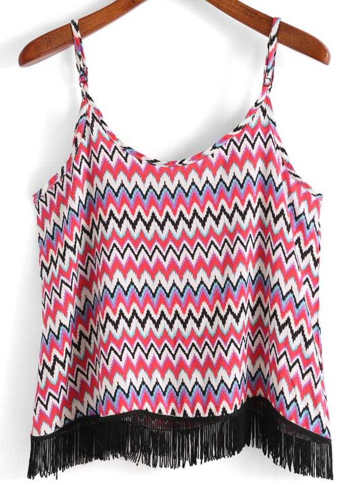 Romwe Spaghetti Strap With Tassel Zigzag Cami Top