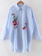 Romwe Blue Stripe Embroidery High Low Split Side Shirt Dress
