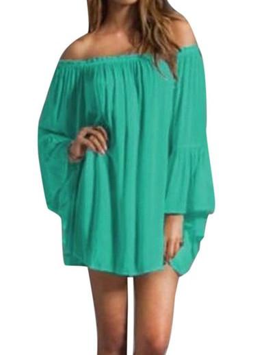 Romwe Off-the-shoulder Bell Sleeve Dress - Green