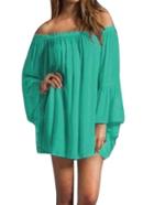 Romwe Off-the-shoulder Bell Sleeve Dress - Green