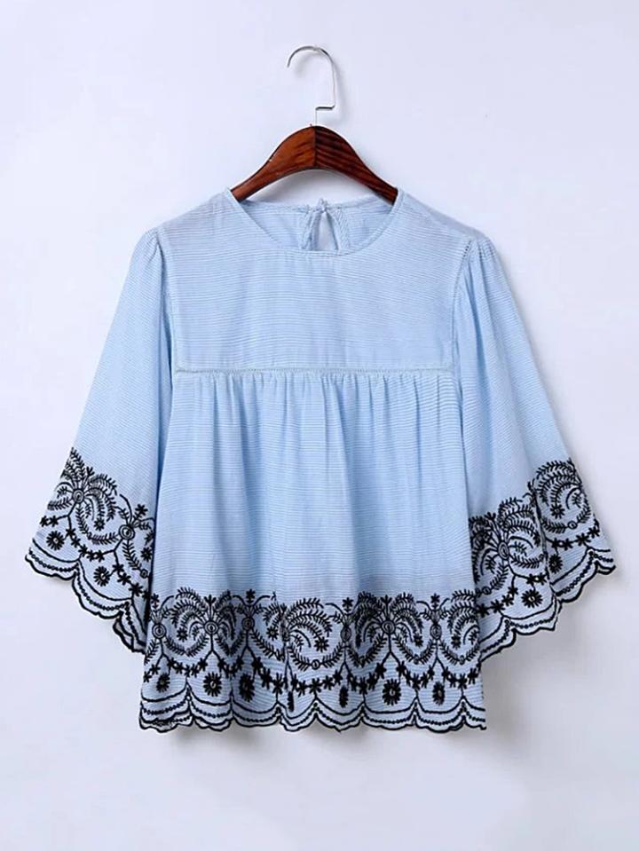 Romwe Pinstripe Embroidery Tie Back Top