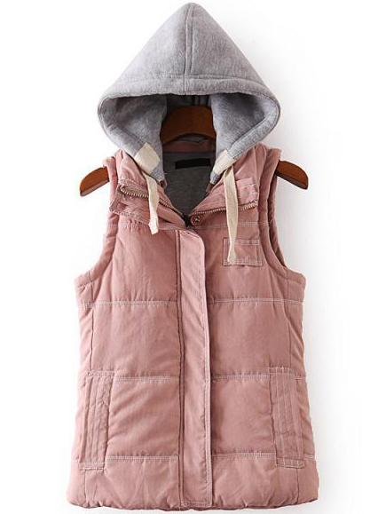 Romwe Women Contrast Hooded Zipper Pink Vest