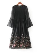 Romwe Bell Sleeve Flower Embroidery Shirred Mesh Dress