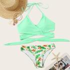 Romwe Criss Cross Wrap Top With Tropical Print Bikini Set