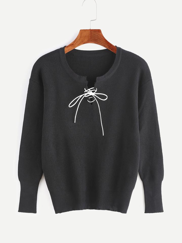 Romwe Black Cutout Neck Lace Up Front Sweater