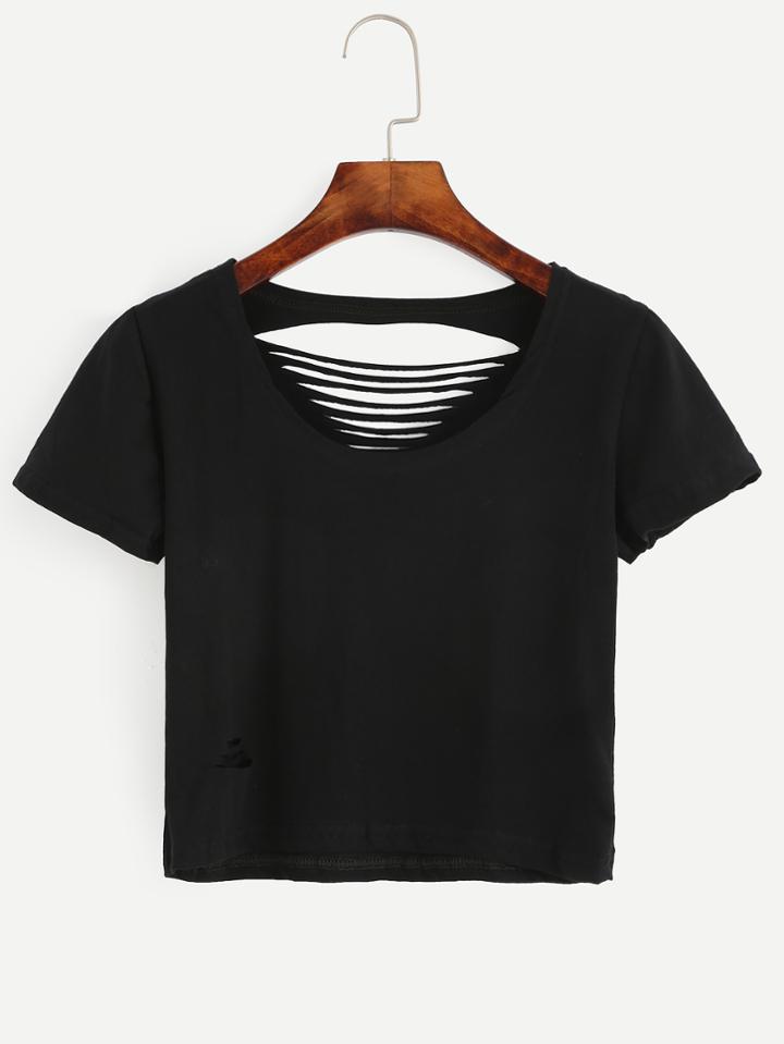 Romwe Black Cut Out Crop T-shirt