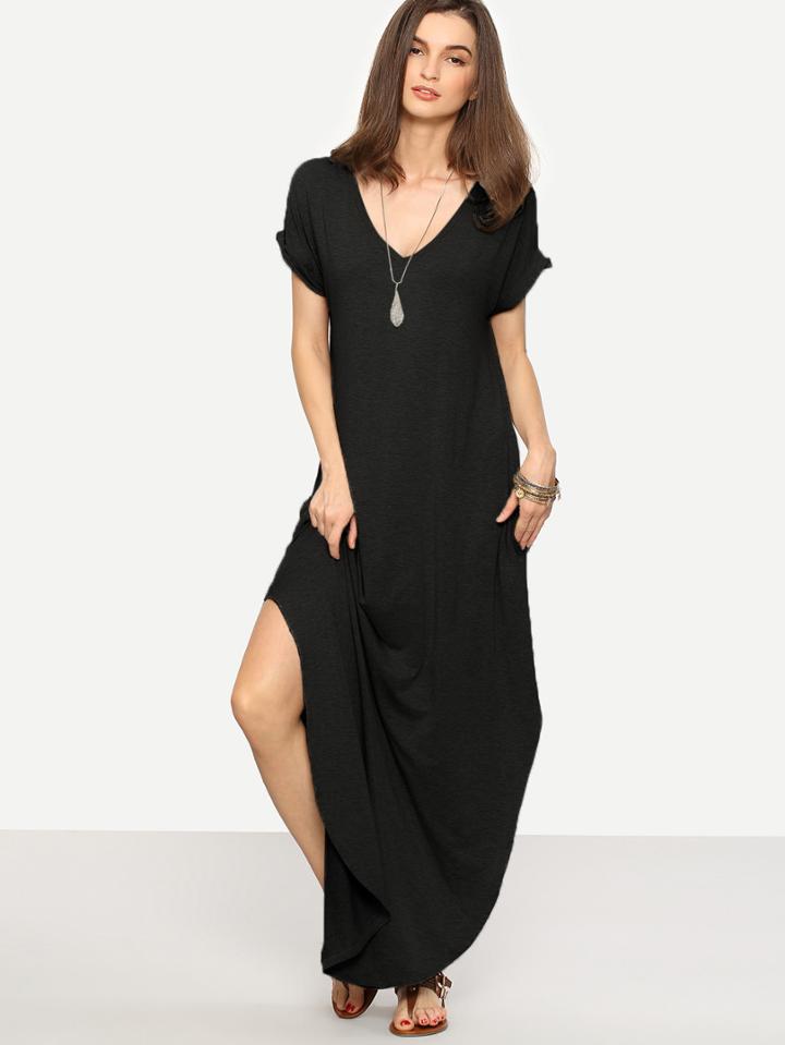 Romwe Rolled-cuff Pockets Side Split Curved Dress
