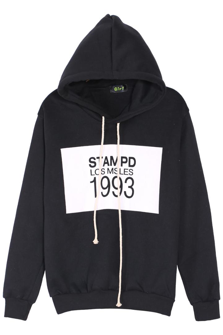 Romwe Stampd 1993 Print Hooded Black Sweatshirt