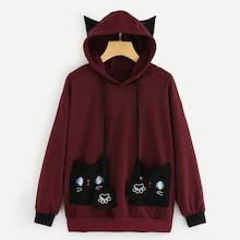 Romwe Cat Print Pocket Drawstring Hoodie