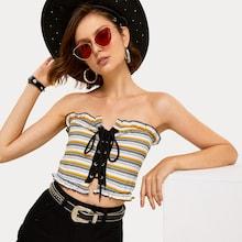 Romwe Lettuce Frill Lace-up Crop Bandeau Top