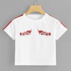 Romwe Tape Detail Oriental Dragon Embroidered Crop Tee