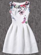 Romwe Bloom Print Fit & Flare Dress - White