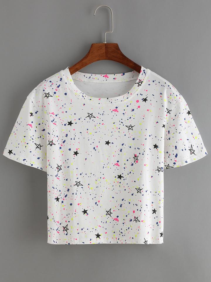 Romwe Stars Print White T-shirt