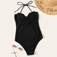 Romwe Cutout Front Halter One Piece Swimsuit