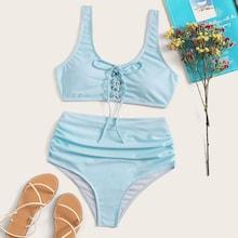 Romwe Lace-up Top With Ruched High Waist Bikini