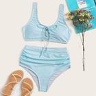 Romwe Lace-up Top With Ruched High Waist Bikini