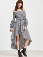 Romwe Black And White Checkered Off The Shoulder High Low Dress