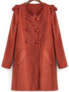 Romwe Round Neck Double Breasted Pockets Woolen Coat