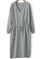 Romwe Grey V Neck Drawstring Waist Split Dress