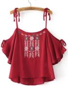Romwe Red Embroidered Cold Shoulder Blouse