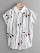 Romwe Embroidered Striped Flower Blouse