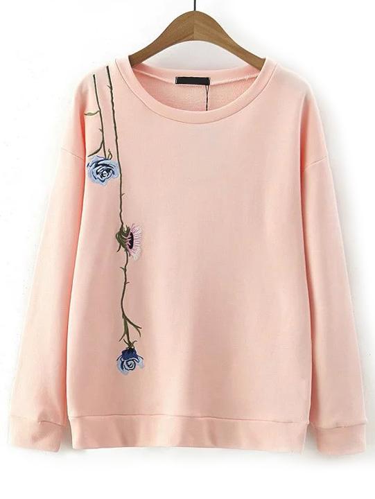 Romwe Dropped Shoulder Seam Flower Embroidered Sweatshirt