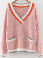 Romwe Pink Color Block V Neck Drop Shoulder Sweater