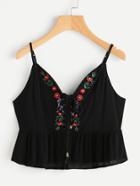 Romwe Lace Up Embroidered Peplum Crop Cami Top